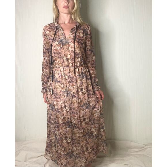 MANGO Sheer Chiffon Long Sleeve Floral Maxi Dress US XSMALL - Picture 1 of 16